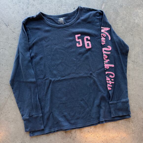 Vintage Tops - Vintage Y2k New York City Thermal Navy Pink Embroidered Knit Longsleeve XL